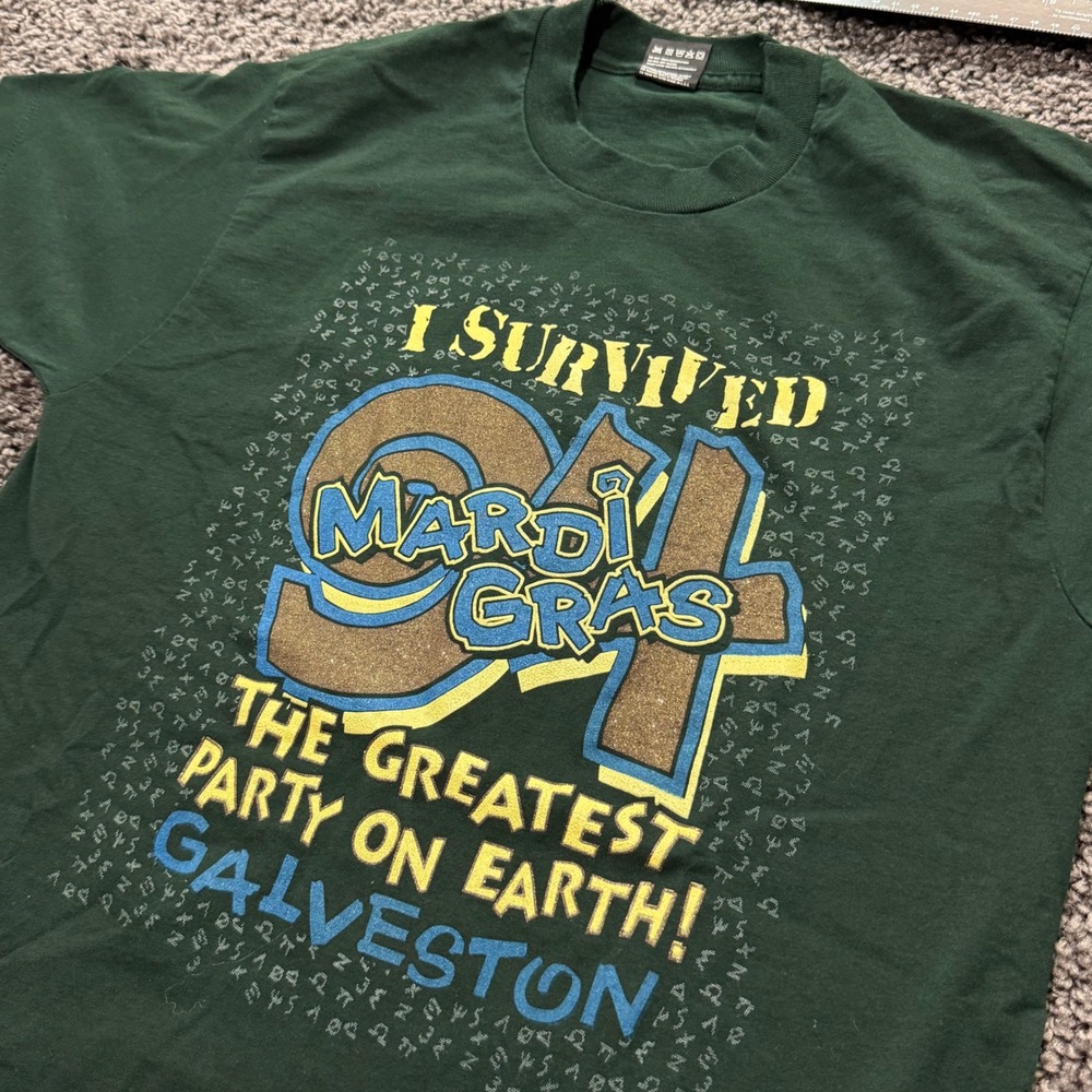 Vintage Fruit of the Loom Mardi Gras T-Shirt Mens Green Excellent 1994 Large
